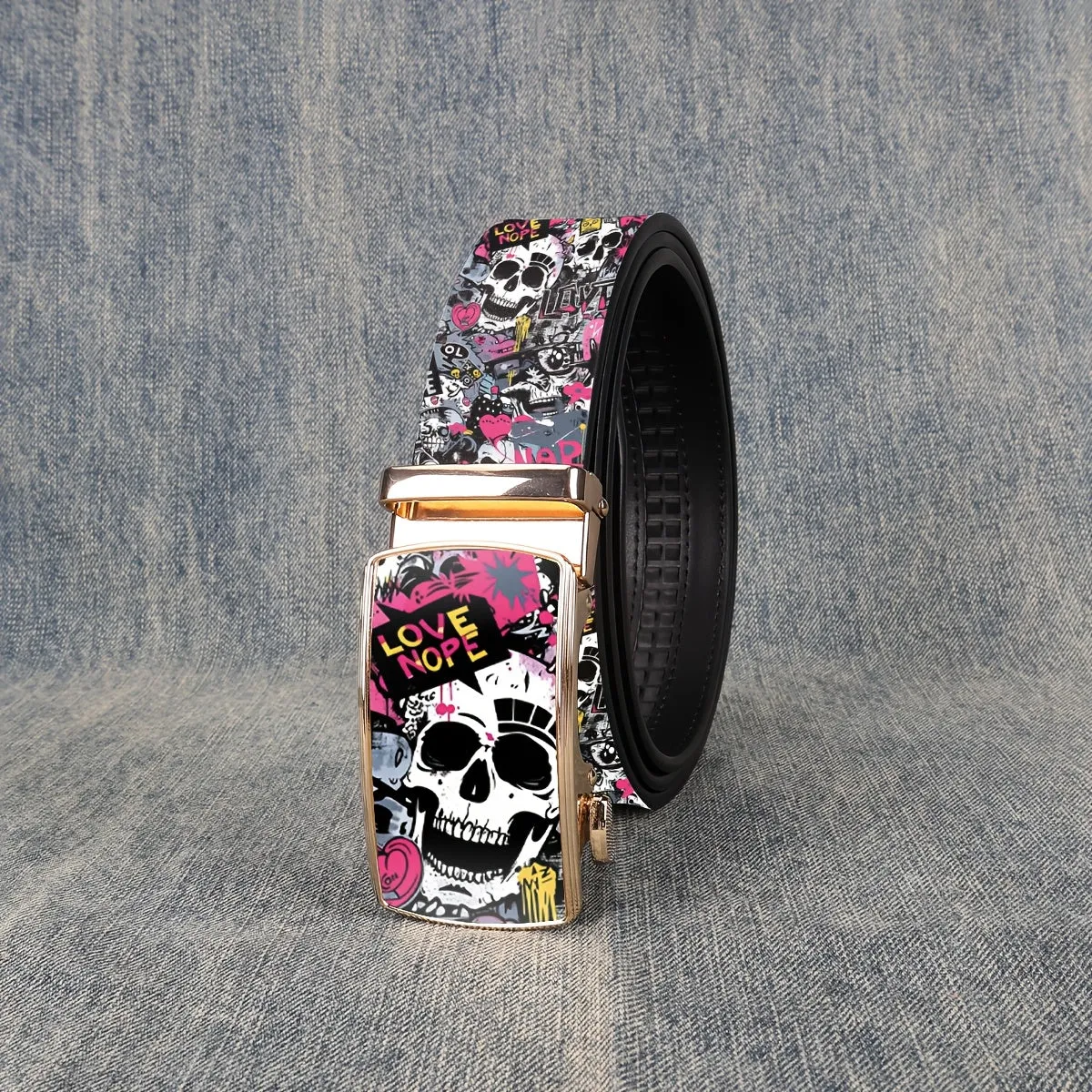 Men's Love Skull Print Leather Belt w/ Automatic Buckle