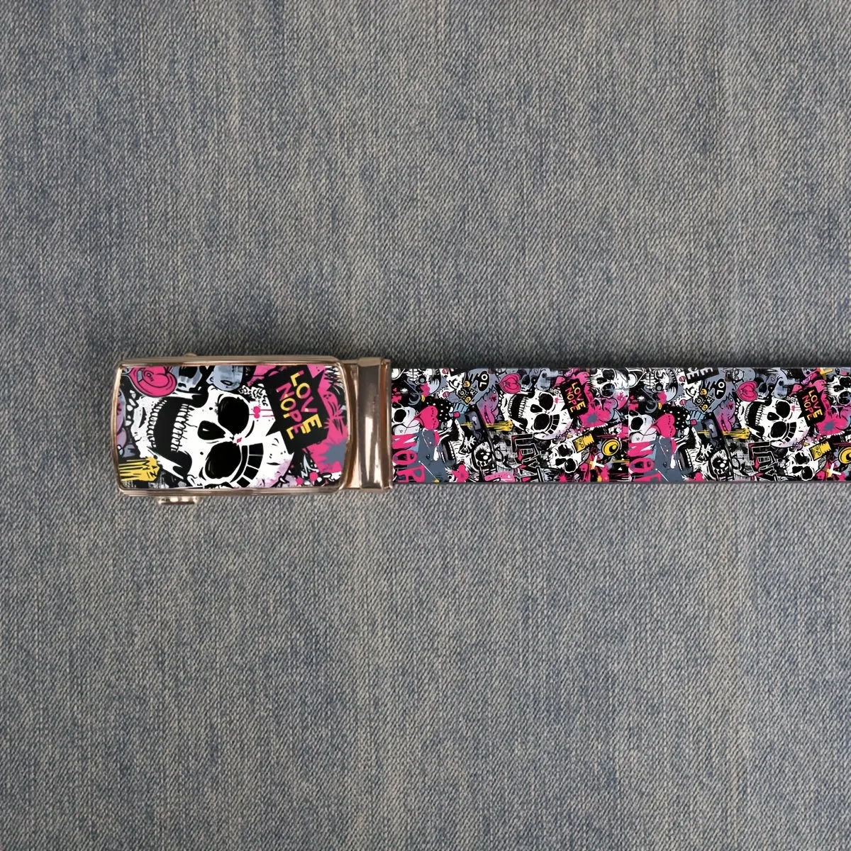 Men's Love Skull Print Leather Belt w/ Automatic Buckle