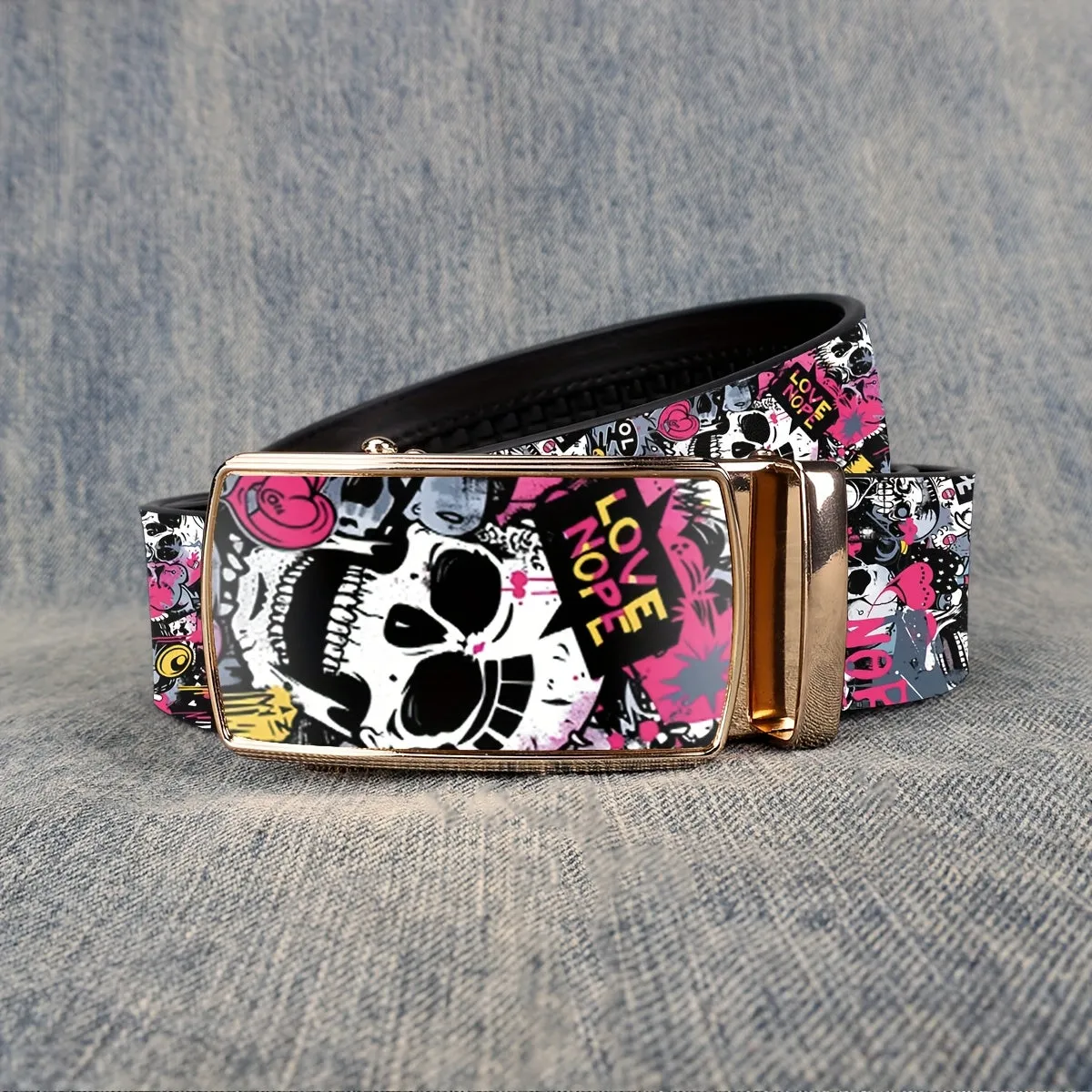 Men's Love Skull Print Leather Belt w/ Automatic Buckle