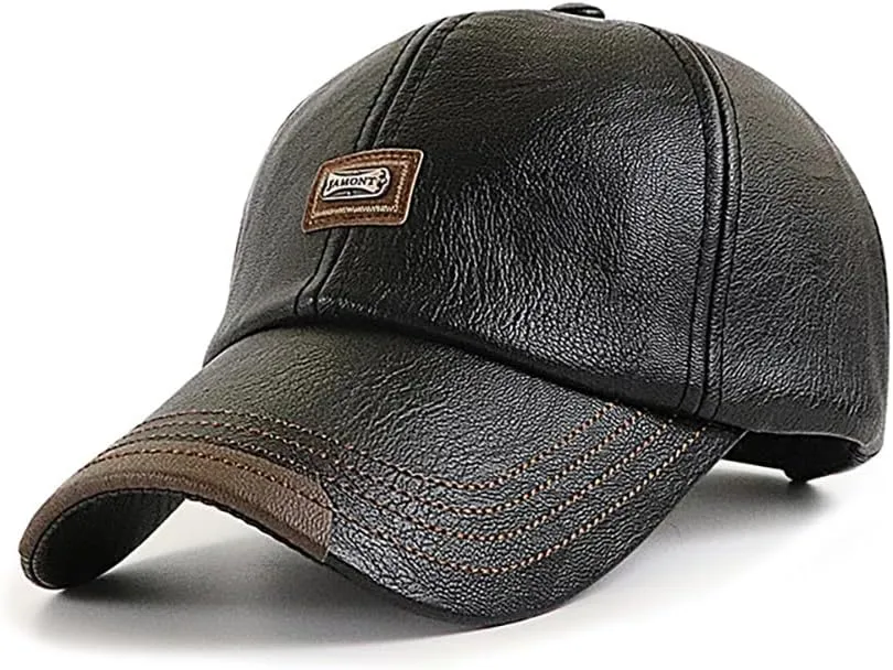 Men's PU Leather Baseball Cap with Adjustable Buckle Plain Wide Brim Hat for Autumn Winter