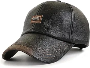 Men's PU Leather Baseball Cap with Adjustable Buckle Plain Wide Brim Hat for Autumn Winter