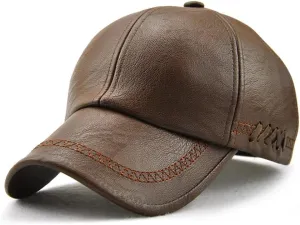 Men's PU Leather Baseball Cap with Adjustable Buckle Plain Wide Brim Hat for Autumn Winter
