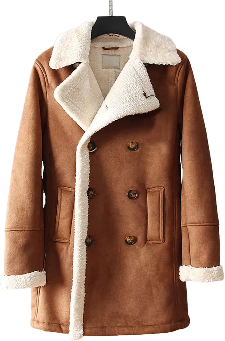 Men’s Suede Sherpa Shearling Faux Fur Lined Double Breasted Lapel Collar Winter Warm Casual Classic Trench Coat