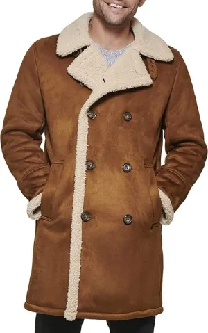 Men’s Suede Sherpa Shearling Faux Fur Lined Double Breasted Lapel Collar Winter Warm Casual Classic Trench Coat