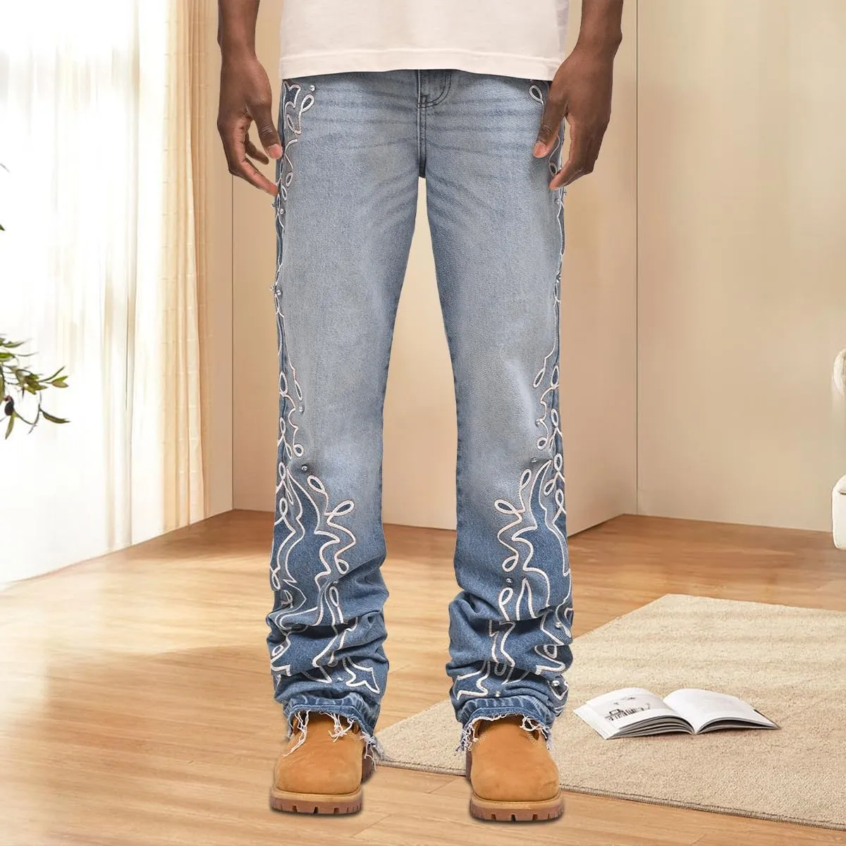 Mens Trendy Washed Denim Trousers Mid-Rise Contrast Color Regular Fit Casual Jean Pants with Pockets Streetwear