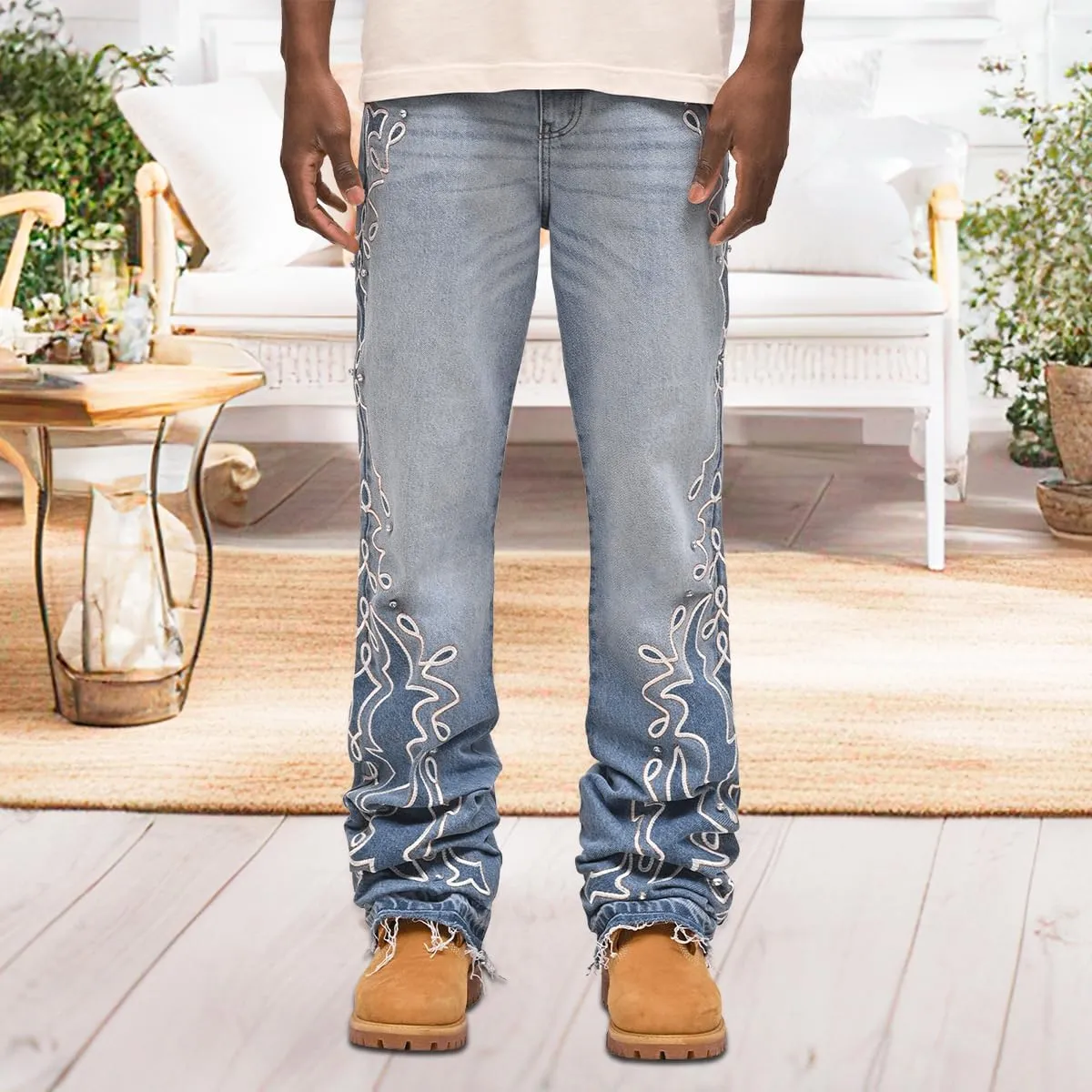 Mens Trendy Washed Denim Trousers Mid-Rise Contrast Color Regular Fit Casual Jean Pants with Pockets Streetwear