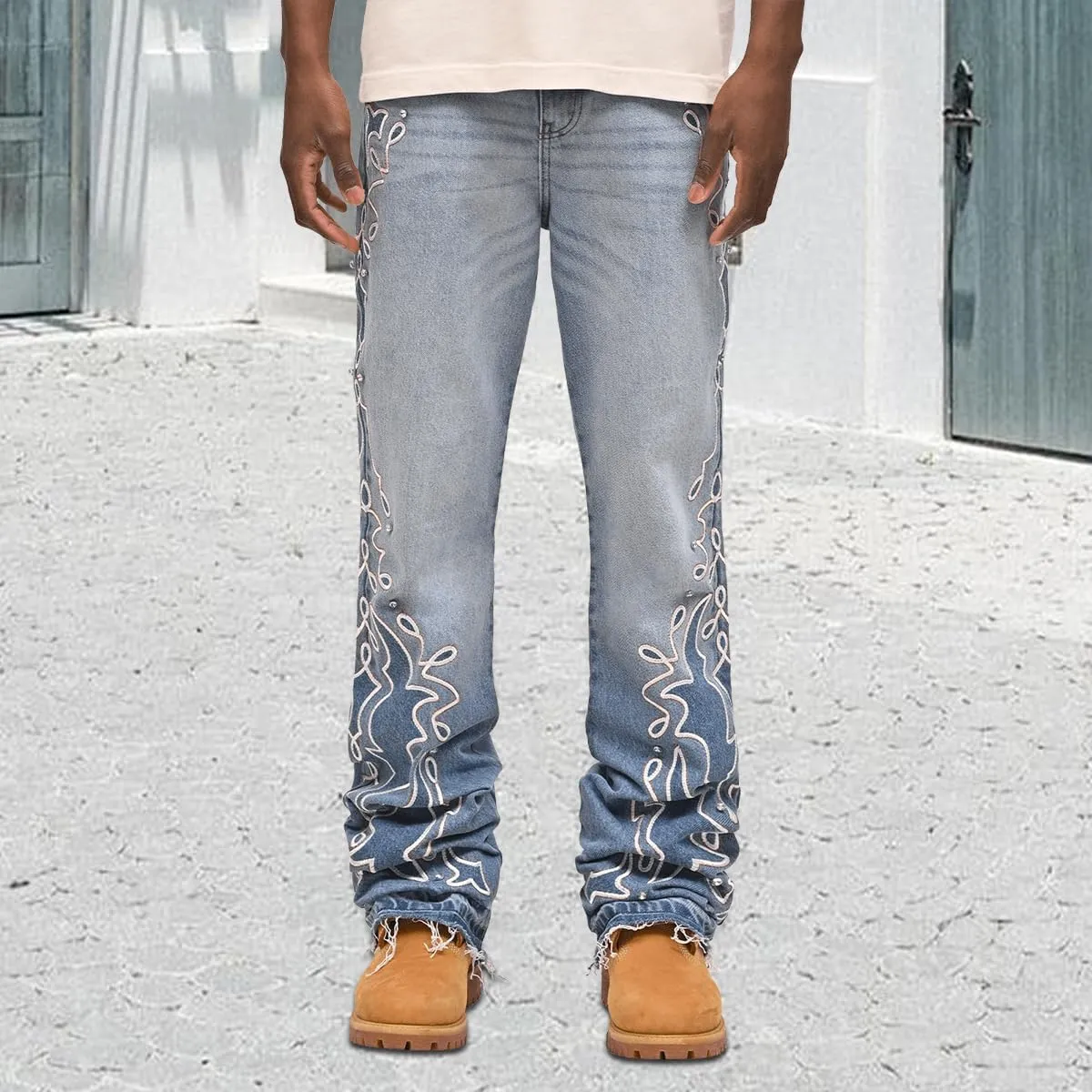 Mens Trendy Washed Denim Trousers Mid-Rise Contrast Color Regular Fit Casual Jean Pants with Pockets Streetwear