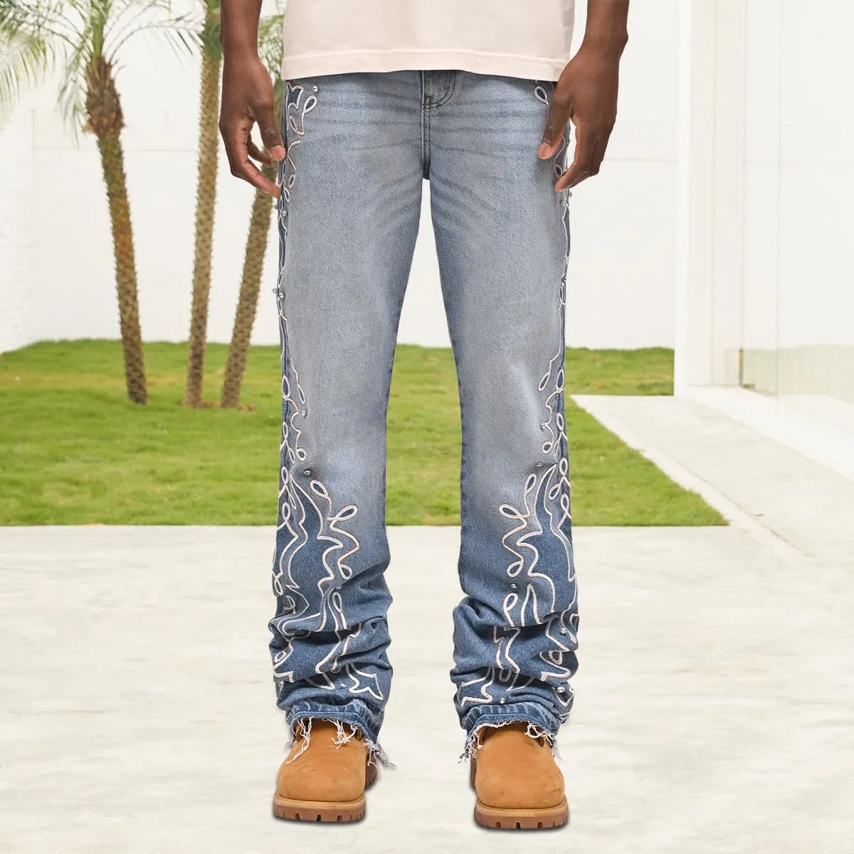Mens Trendy Washed Denim Trousers Mid-Rise Contrast Color Regular Fit Casual Jean Pants with Pockets Streetwear