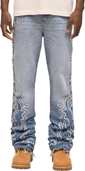 Mens Trendy Washed Denim Trousers Mid-Rise Contrast Color Regular Fit Casual Jean Pants with Pockets Streetwear