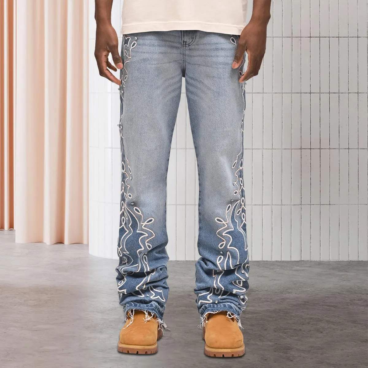 Mens Trendy Washed Denim Trousers Mid-Rise Contrast Color Regular Fit Casual Jean Pants with Pockets Streetwear