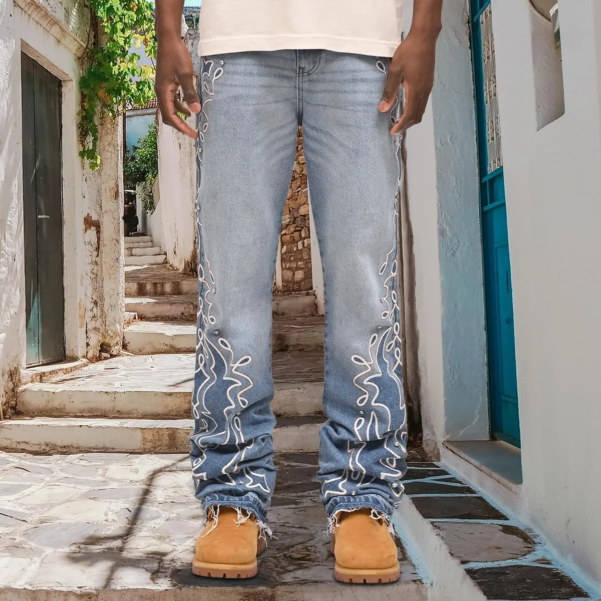 Mens Trendy Washed Denim Trousers Mid-Rise Contrast Color Regular Fit Casual Jean Pants with Pockets Streetwear