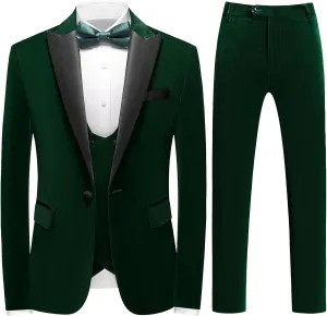 Mens Velvet 3 Piece Suits Slim Fit Peaked Lapel One Button Tuxedo Dinner Jacket Vest Pants Suit Set