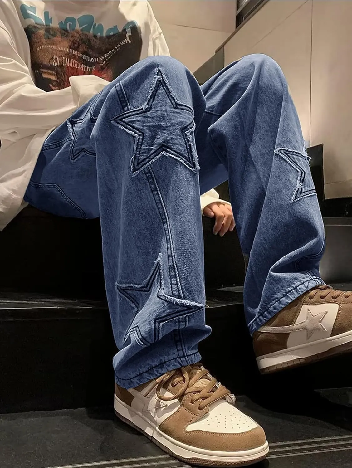 Mens Y2k Star Jeans High Waisted Hip Hop Streetwear Jeans Loose Baggy Embroidery Aesthetic Harajuku Denim Pants