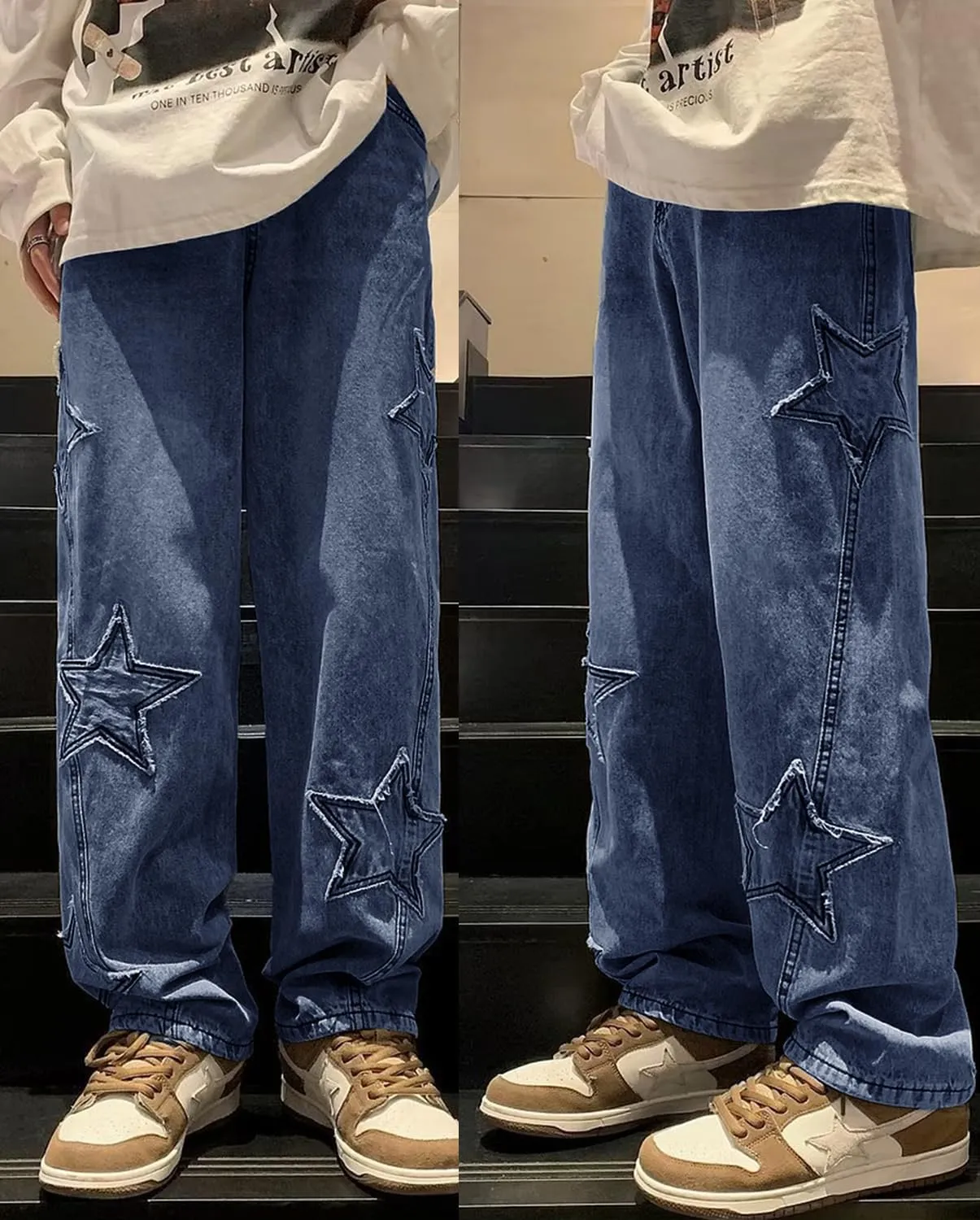 Mens Y2k Star Jeans High Waisted Hip Hop Streetwear Jeans Loose Baggy Embroidery Aesthetic Harajuku Denim Pants