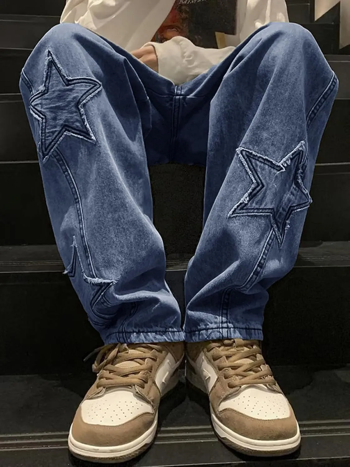 Mens Y2k Star Jeans High Waisted Hip Hop Streetwear Jeans Loose Baggy Embroidery Aesthetic Harajuku Denim Pants