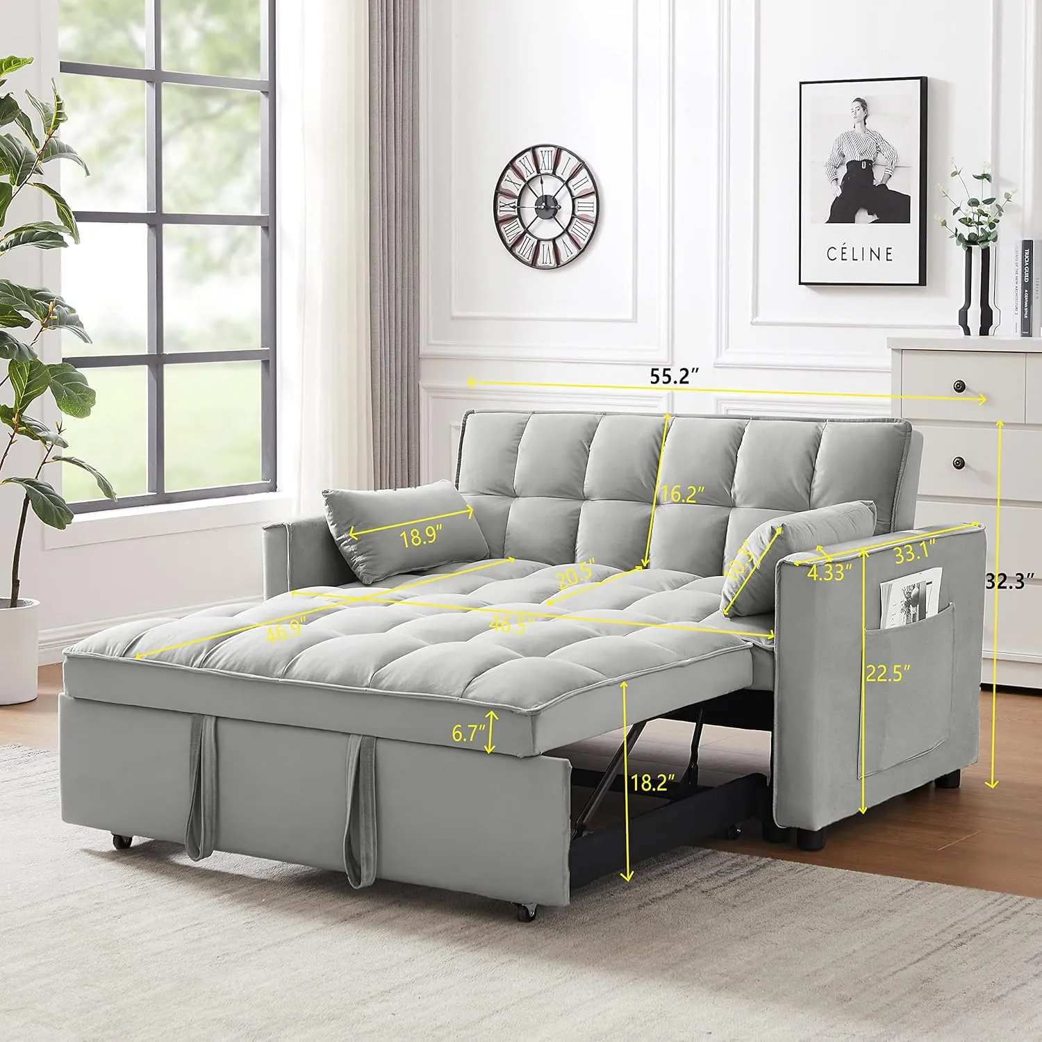 Merax 55.11" Modern 3 in 1 Velvet Convertible Sleeper Sofa Bed,Small Love Seat Lounge Sofa w/Reclining Backrest,Toss Pillows,Pockets,Loveseat Futon Couch Pullout Bed for Living Room,Gray