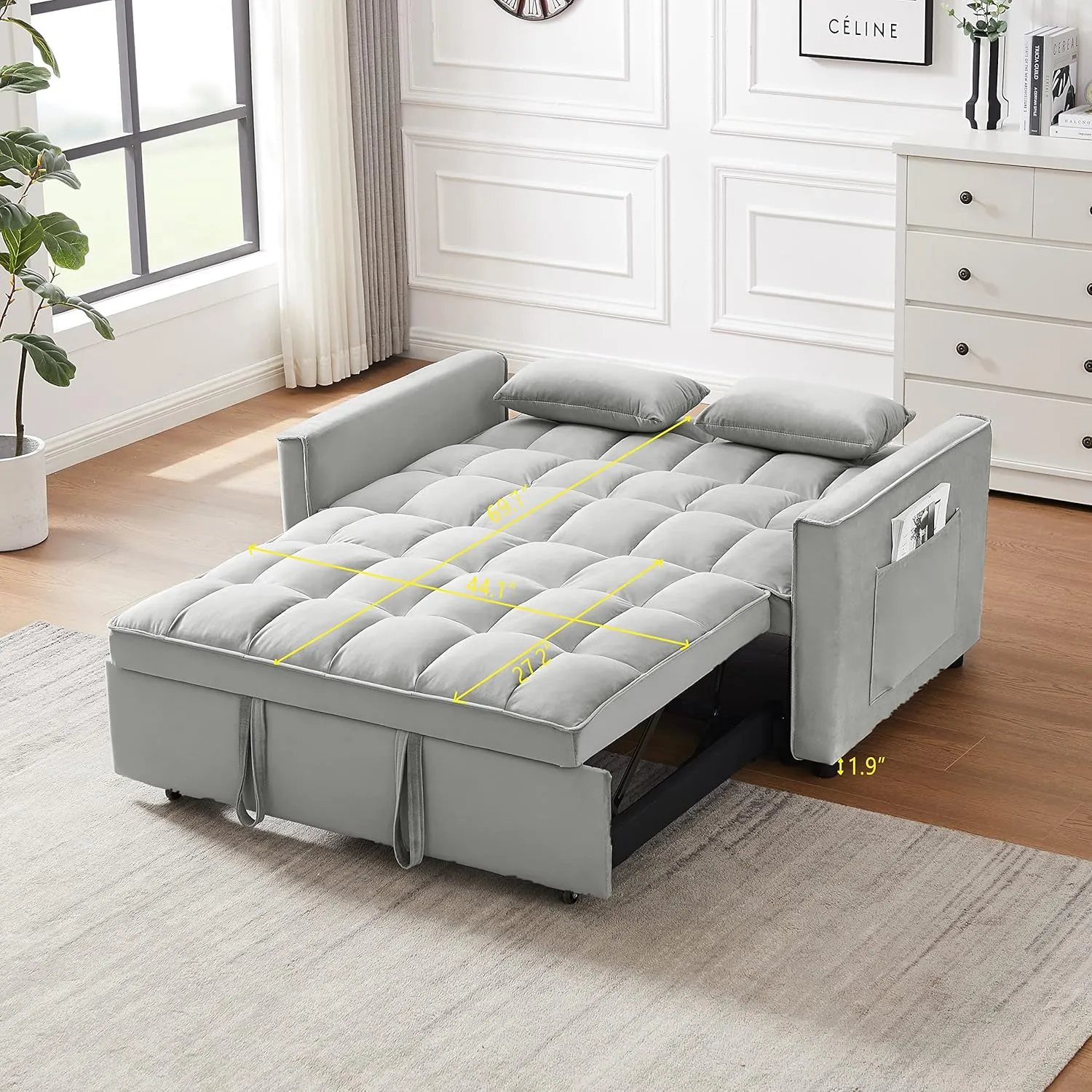 Merax 55.11" Modern 3 in 1 Velvet Convertible Sleeper Sofa Bed,Small Love Seat Lounge Sofa w/Reclining Backrest,Toss Pillows,Pockets,Loveseat Futon Couch Pullout Bed for Living Room,Gray