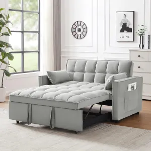 Merax 55.11" Modern 3 in 1 Velvet Convertible Sleeper Sofa Bed,Small Love Seat Lounge Sofa w/Reclining Backrest,Toss Pillows,Pockets,Loveseat Futon Couch Pullout Bed for Living Room,Gray
