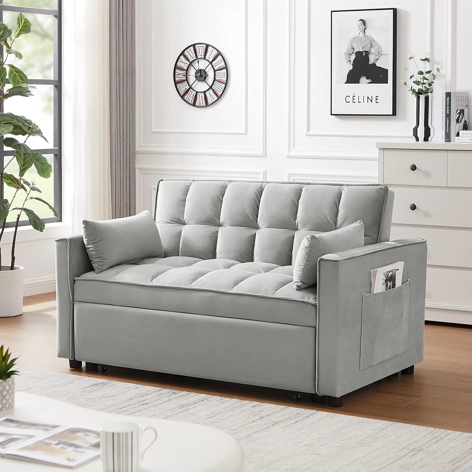 Merax 55.11" Modern 3 in 1 Velvet Convertible Sleeper Sofa Bed,Small Love Seat Lounge Sofa w/Reclining Backrest,Toss Pillows,Pockets,Loveseat Futon Couch Pullout Bed for Living Room,Gray