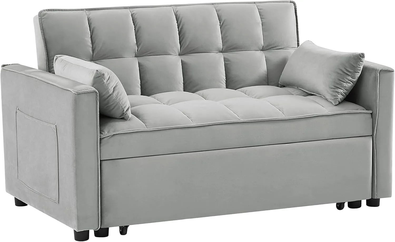 Merax 55.11" Modern 3 in 1 Velvet Convertible Sleeper Sofa Bed,Small Love Seat Lounge Sofa w/Reclining Backrest,Toss Pillows,Pockets,Loveseat Futon Couch Pullout Bed for Living Room,Gray
