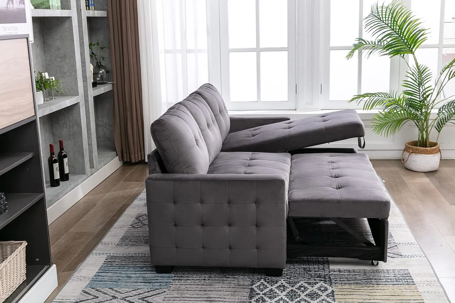 Merax 76.8" Pull Out Sleeper Reversible Sectional Storage Sofa Bed,Convertible Velvet Corner Sofa Bed and Reversible Storage Chaise, L-Shaped Sleeper Sofa for Living Room,Dark Gray