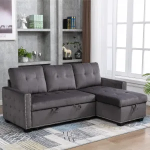 Merax 76.8" Pull Out Sleeper Reversible Sectional Storage Sofa Bed,Convertible Velvet Corner Sofa Bed and Reversible Storage Chaise, L-Shaped Sleeper Sofa for Living Room,Dark Gray