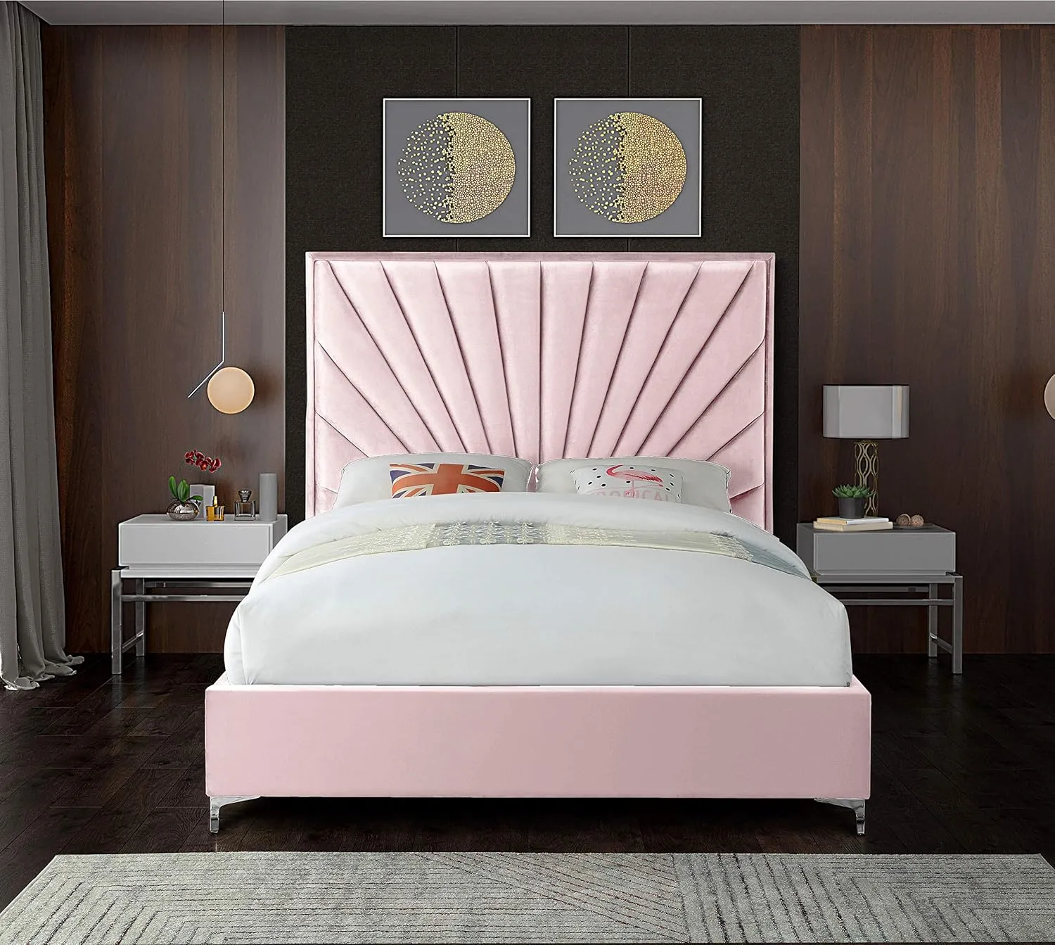 Meridian Furniture Eclipse Collection Modern | Contemporary Velvet Upholstered Bed with Channel Tufted Design and Complete Sets of Gold and Chrome Legs Included, King, Pink