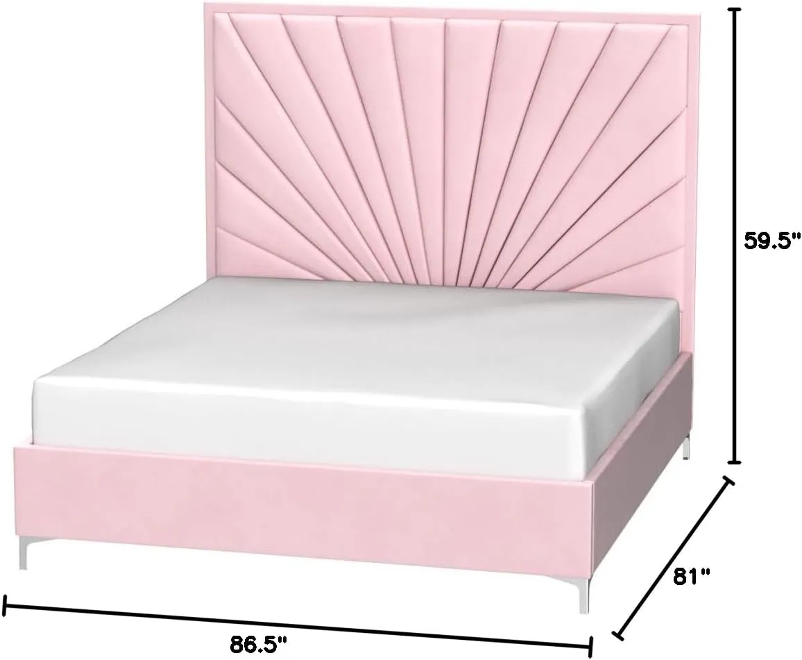 Meridian Furniture Eclipse Collection Modern | Contemporary Velvet Upholstered Bed with Channel Tufted Design and Complete Sets of Gold and Chrome Legs Included, King, Pink