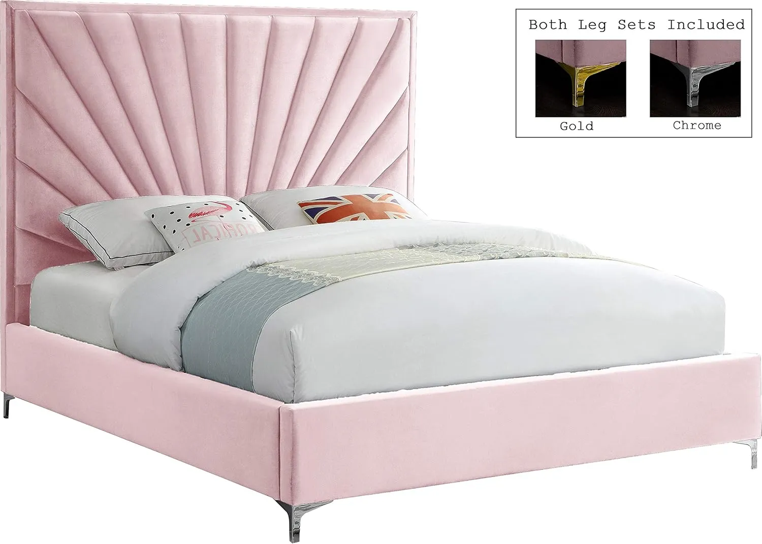 Meridian Furniture Eclipse Collection Modern | Contemporary Velvet Upholstered Bed with Channel Tufted Design and Complete Sets of Gold and Chrome Legs Included, King, Pink
