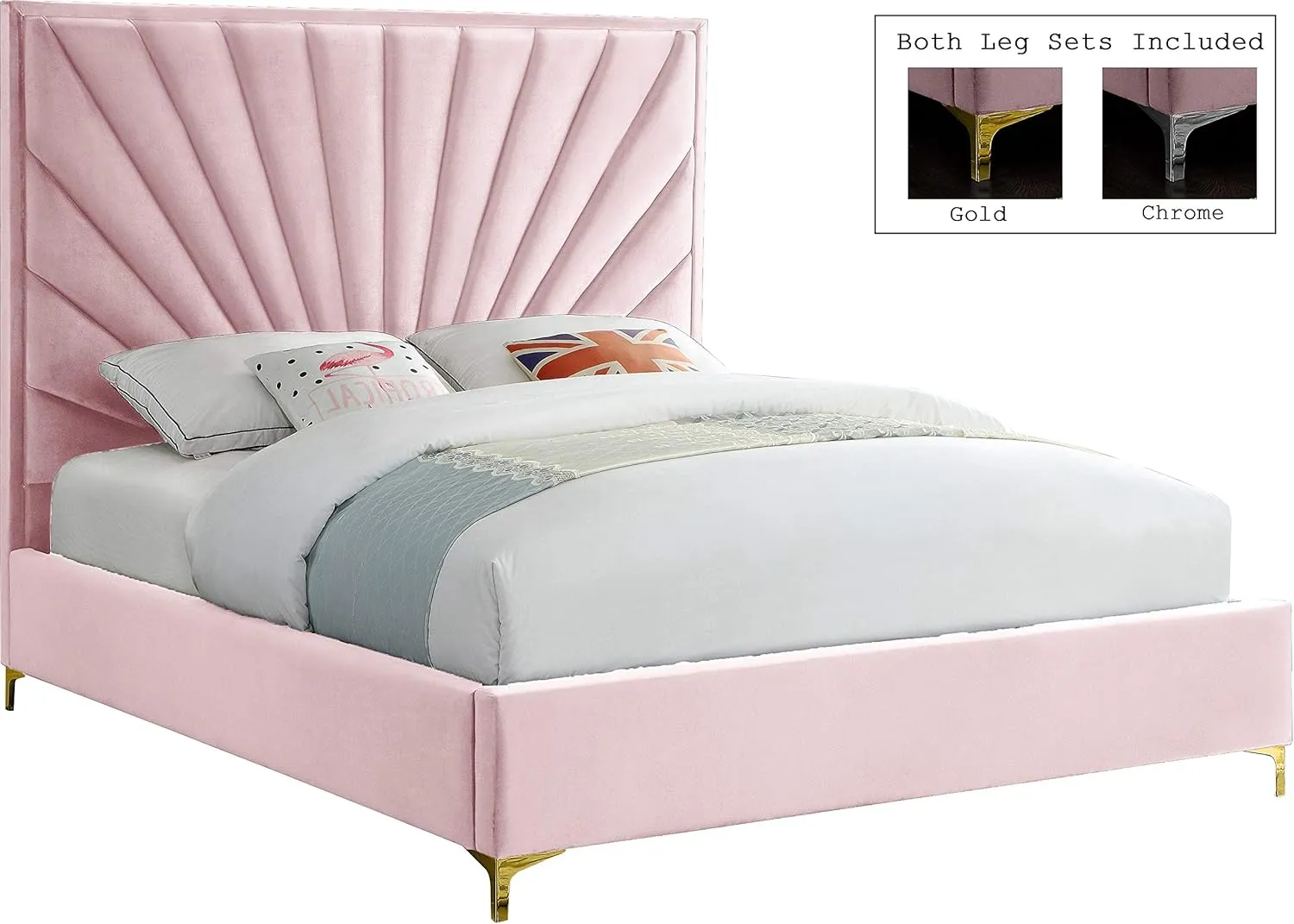 Meridian Furniture Eclipse Collection Modern | Contemporary Velvet Upholstered Bed with Channel Tufted Design and Complete Sets of Gold and Chrome Legs Included, King, Pink