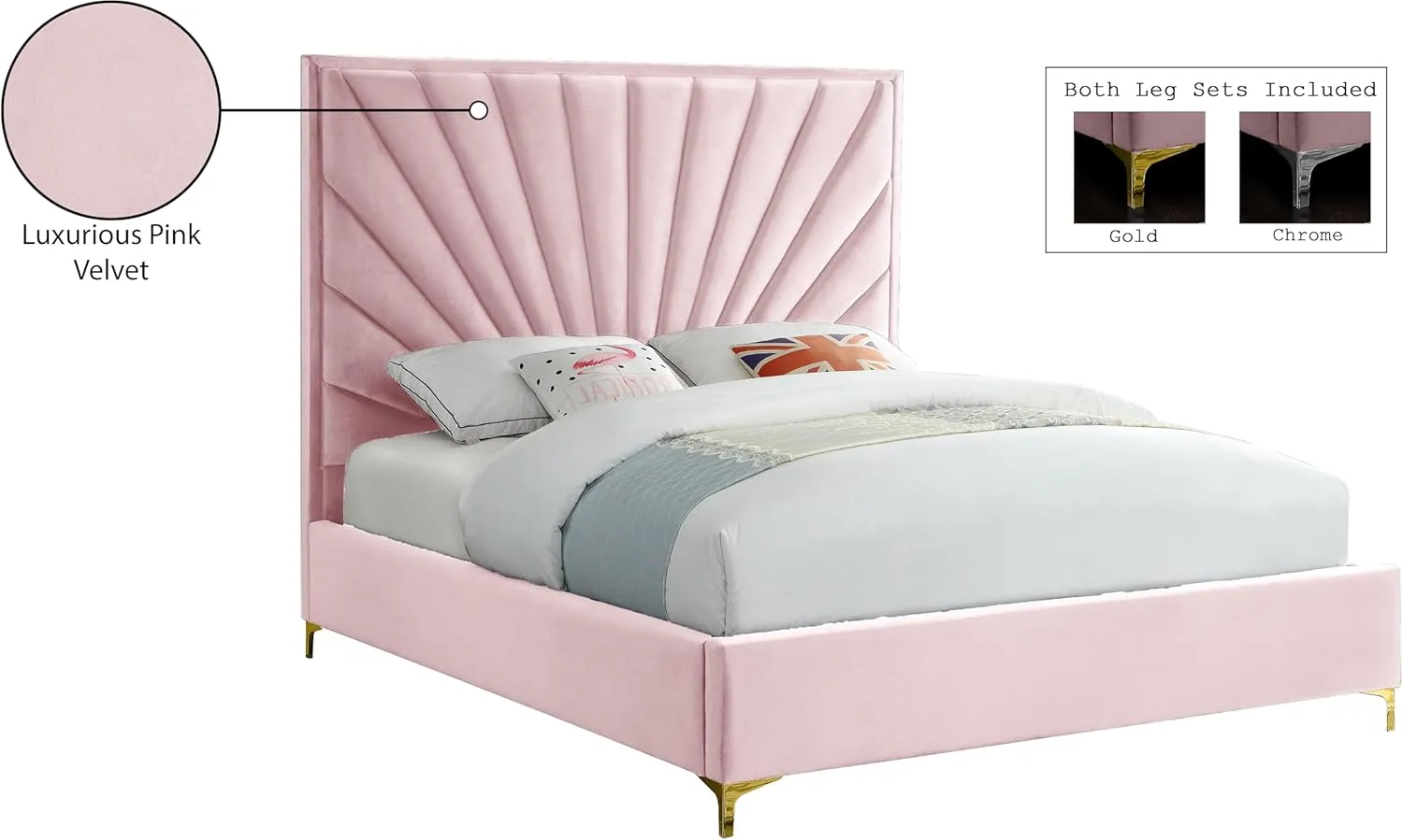 Meridian Furniture Eclipse Collection Modern | Contemporary Velvet Upholstered Bed with Channel Tufted Design and Complete Sets of Gold and Chrome Legs Included, King, Pink