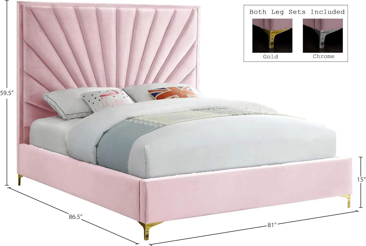 Meridian Furniture Eclipse Collection Modern | Contemporary Velvet Upholstered Bed with Channel Tufted Design and Complete Sets of Gold and Chrome Legs Included, King, Pink