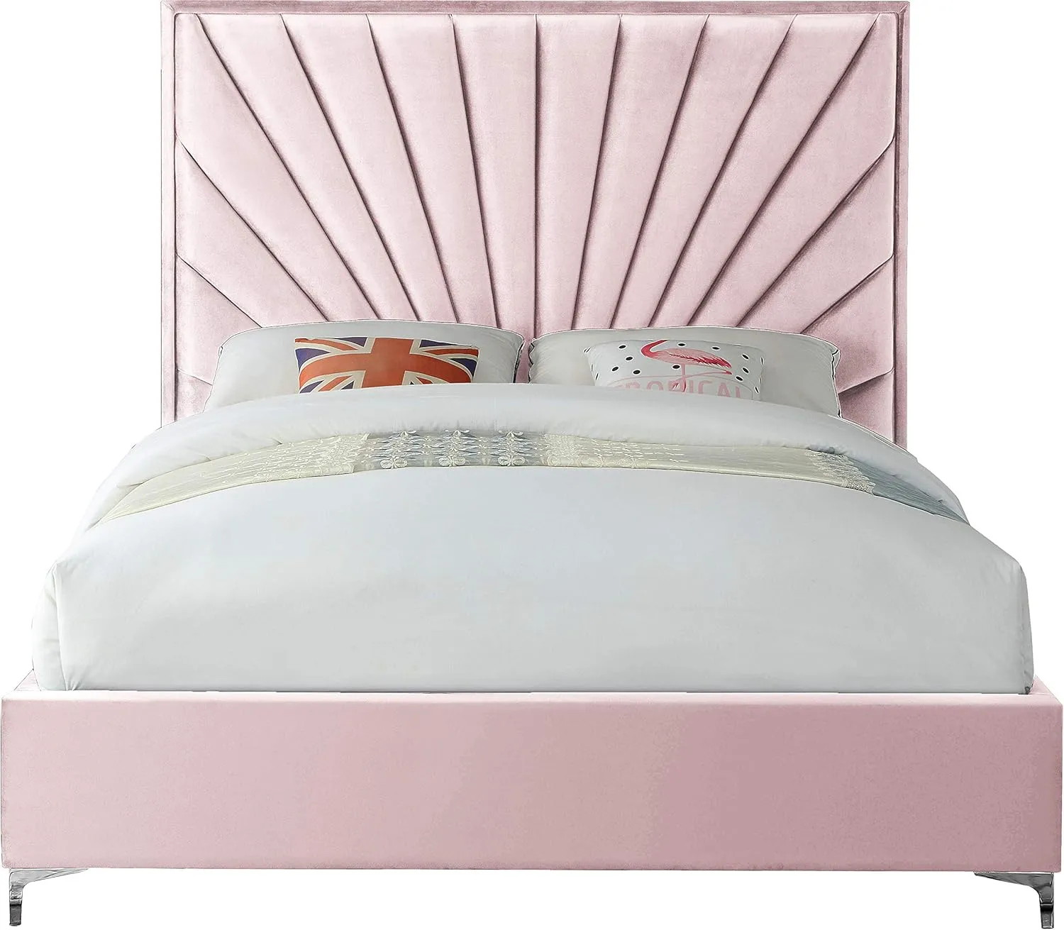 Meridian Furniture Eclipse Collection Modern | Contemporary Velvet Upholstered Bed with Channel Tufted Design and Complete Sets of Gold and Chrome Legs Included, King, Pink