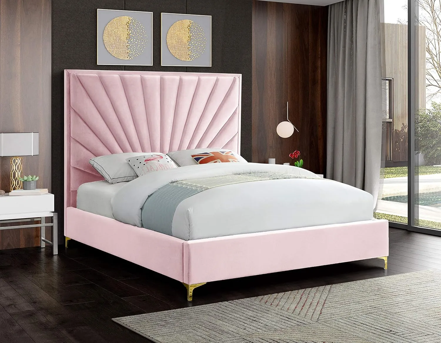 Meridian Furniture Eclipse Collection Modern | Contemporary Velvet Upholstered Bed with Channel Tufted Design and Complete Sets of Gold and Chrome Legs Included, King, Pink