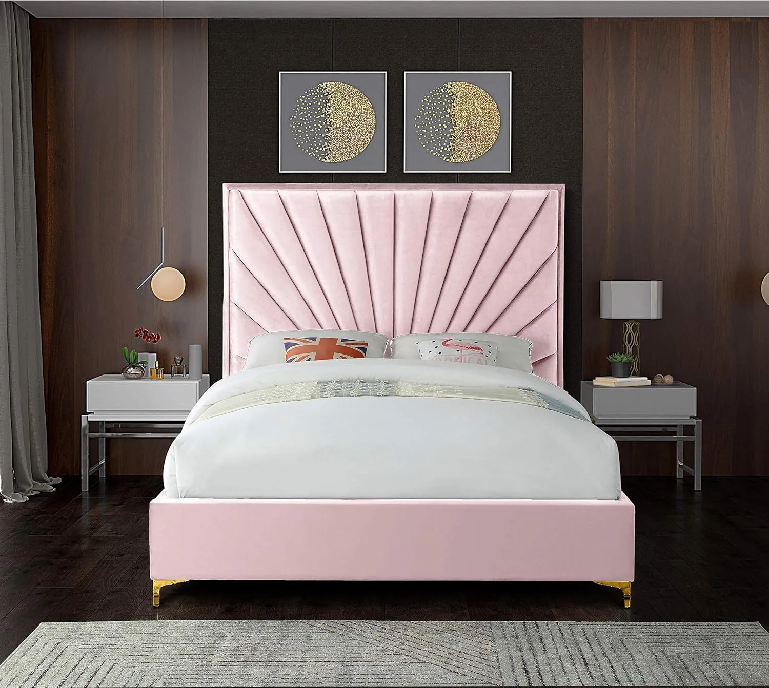 Meridian Furniture Eclipse Collection Modern | Contemporary Velvet Upholstered Bed with Channel Tufted Design and Complete Sets of Gold and Chrome Legs Included, King, Pink