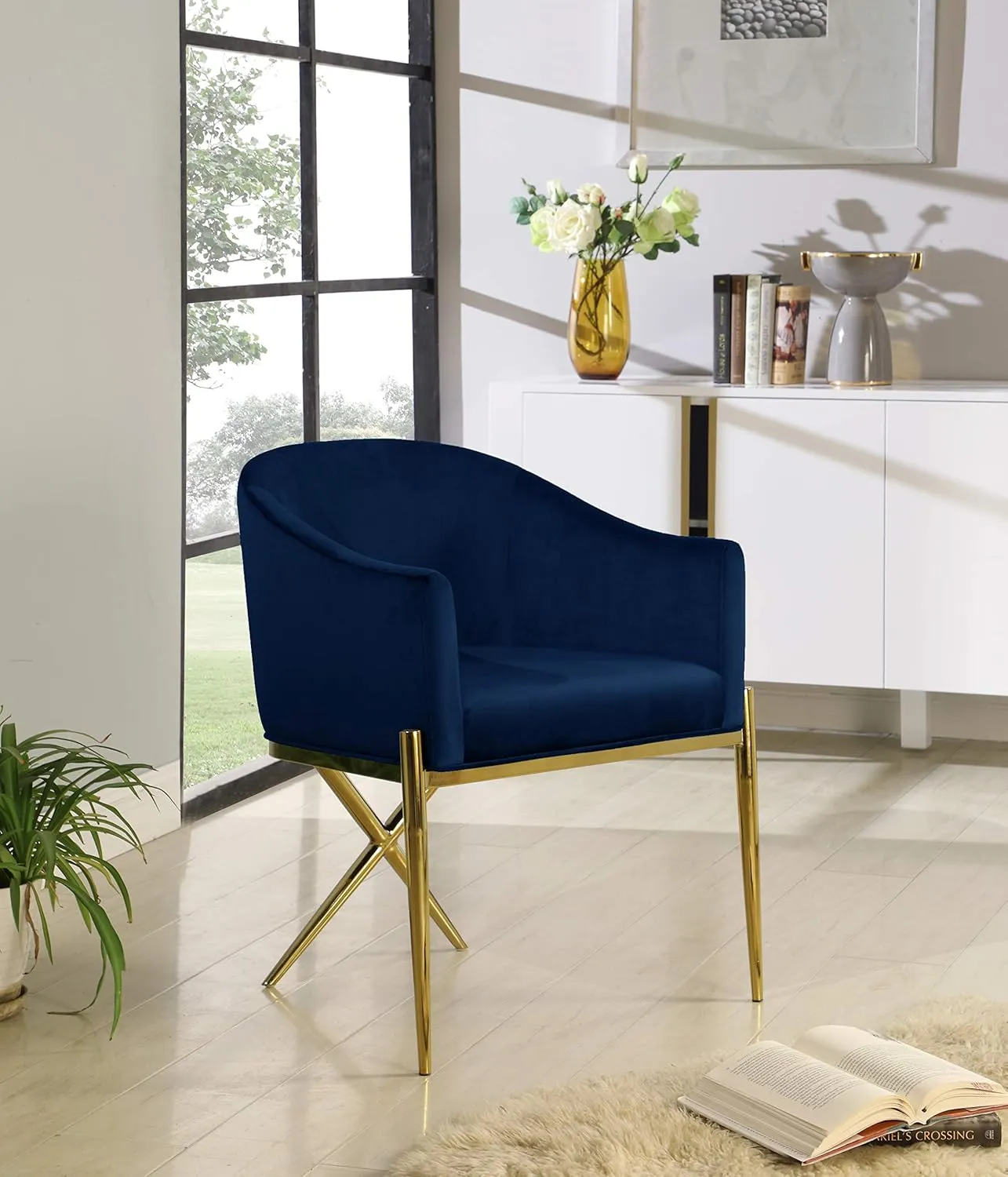Meridian Furniture Xavier Collection Modern | Contemporary Velvet Upholstered Dining Chair with Sturdy Steel X Shaped Legs, 25.5" W x 24.5" D x 31.5" H, Navy