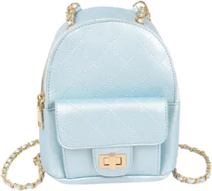 Metallic Pastel Quilted Mini Convertible Fashion Backpack PU Leather Small Shoulder Bag Purse for Women, Teens, Girls (Blue, Mini)