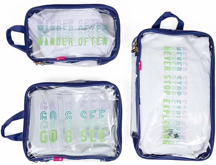 Miamica 3-Piece Packing Cubes, Blue Wander Clear Design – Includes Small, Medium and Large Suitcase Organizers with Durable Design