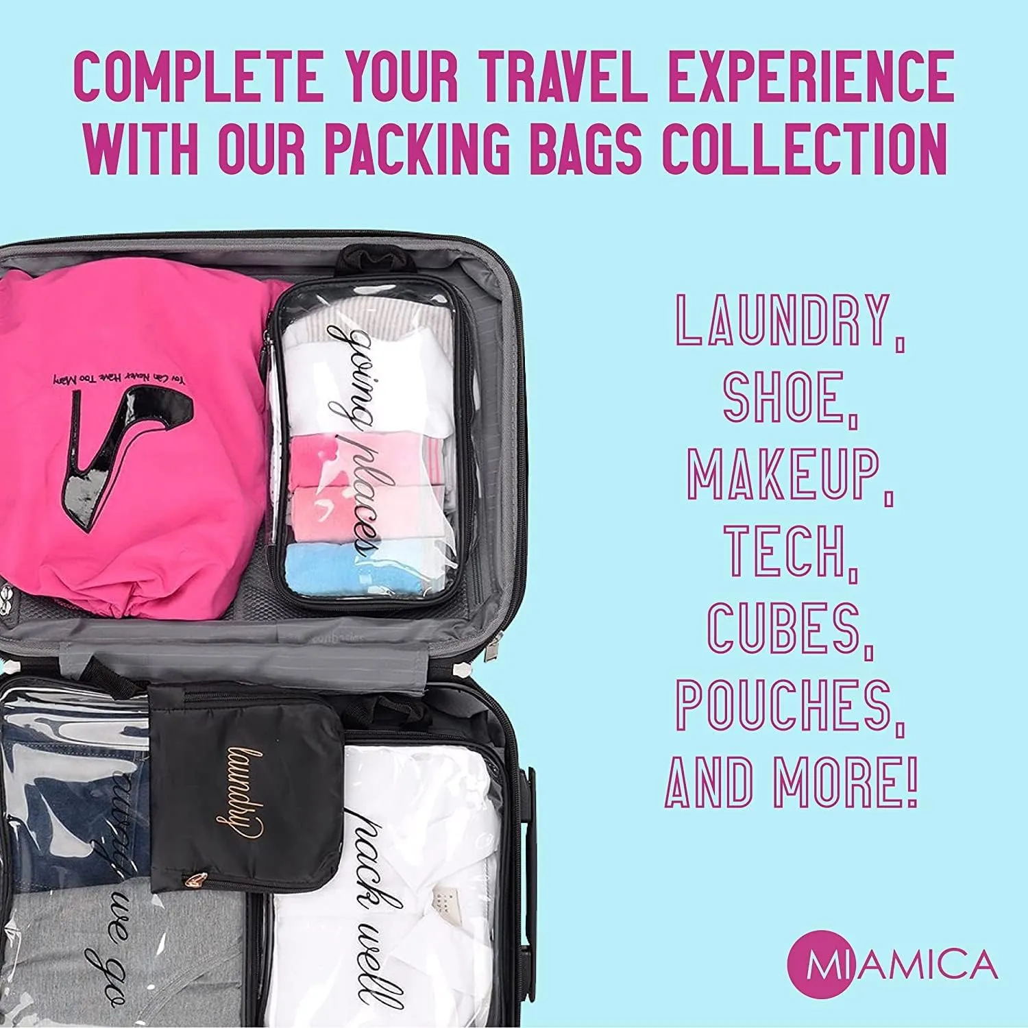 Miamica 3-Piece Packing Cubes, Blue Wander Clear Design – Includes Small, Medium and Large Suitcase Organizers with Durable Design