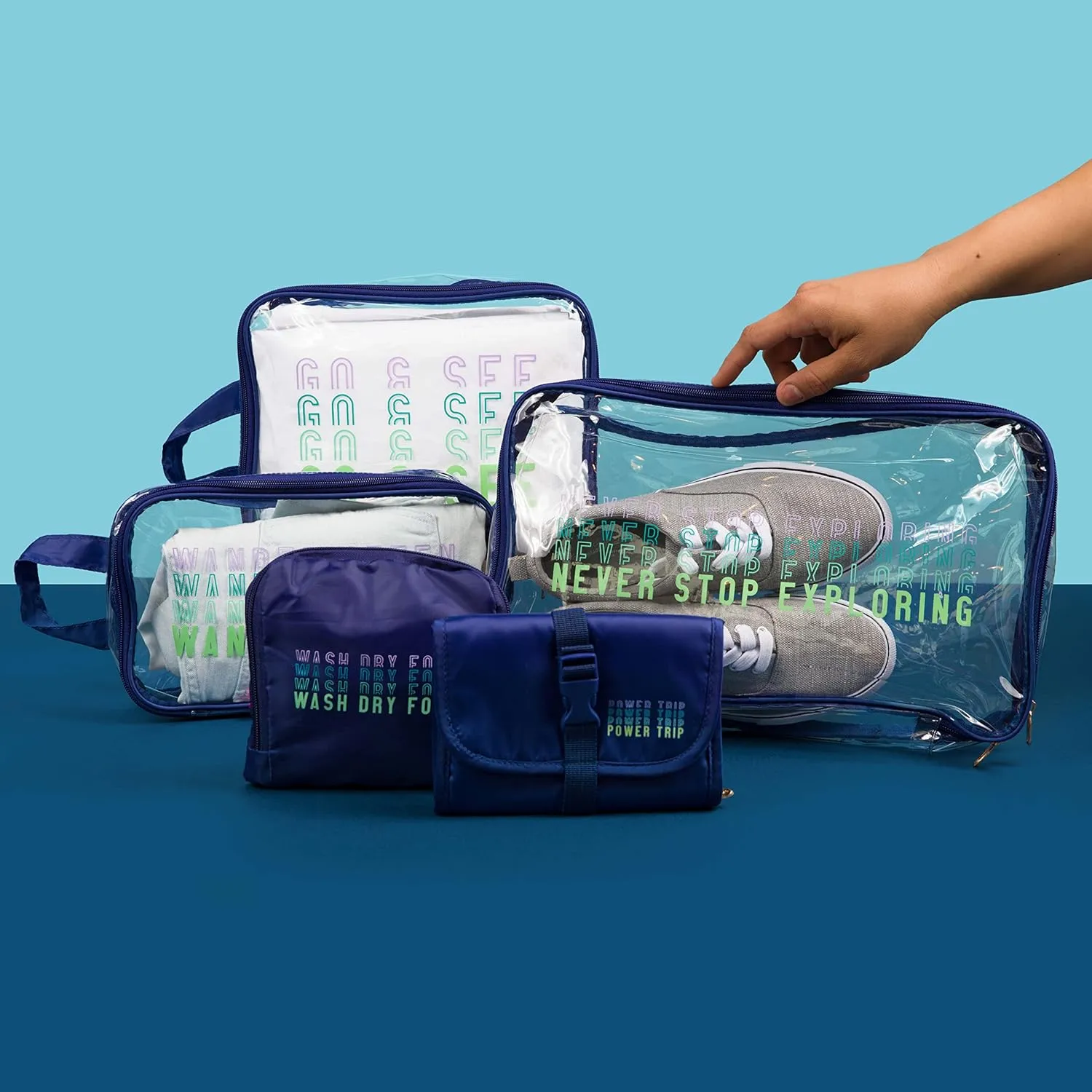 Miamica 3-Piece Packing Cubes, Blue Wander Clear Design – Includes Small, Medium and Large Suitcase Organizers with Durable Design