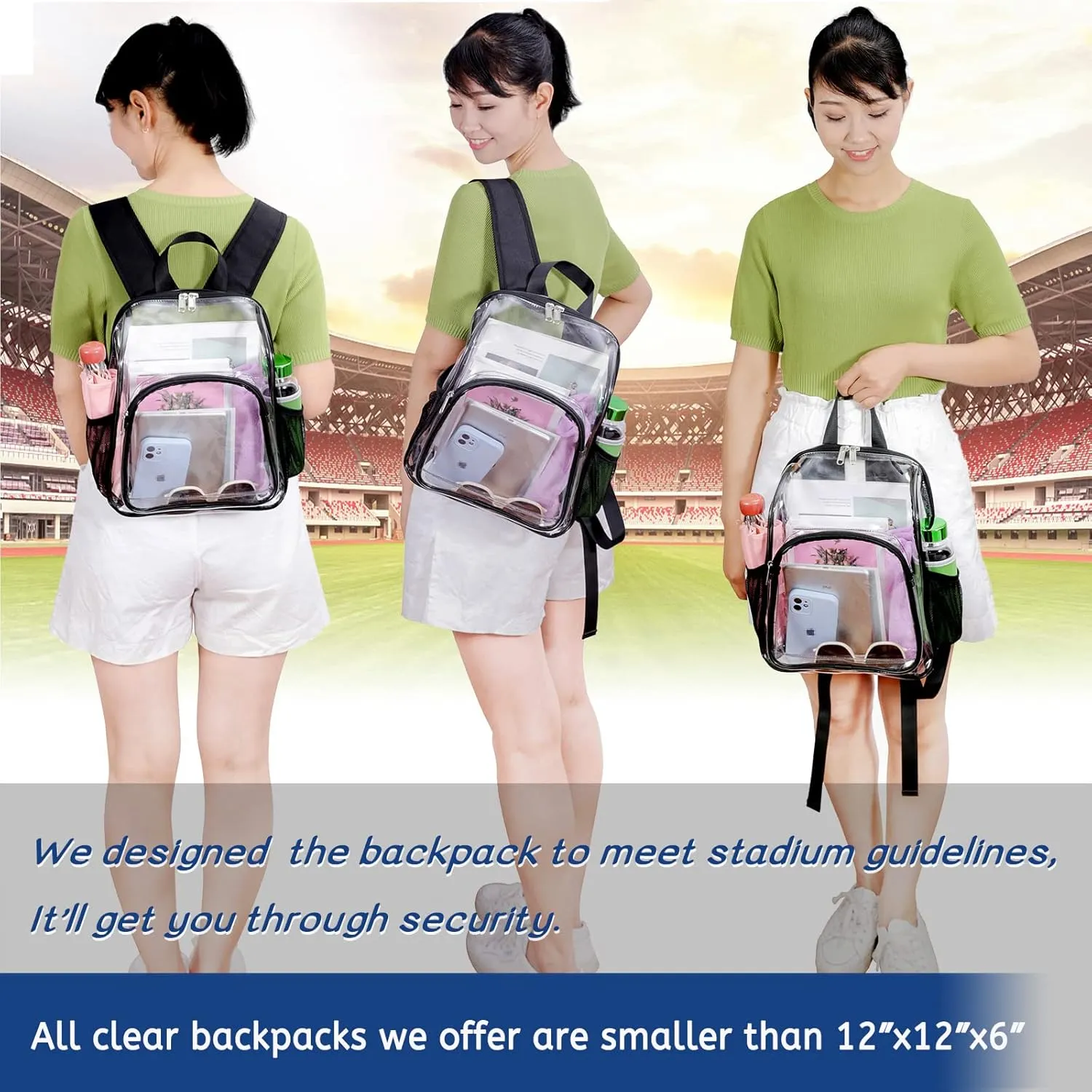 Mildbeer Small Clear Backpack, Stadium Approved 12x12x6 Clear Backpack for Women with 2 Bottle Holders for Festival Concert Travel Sport Games Venues