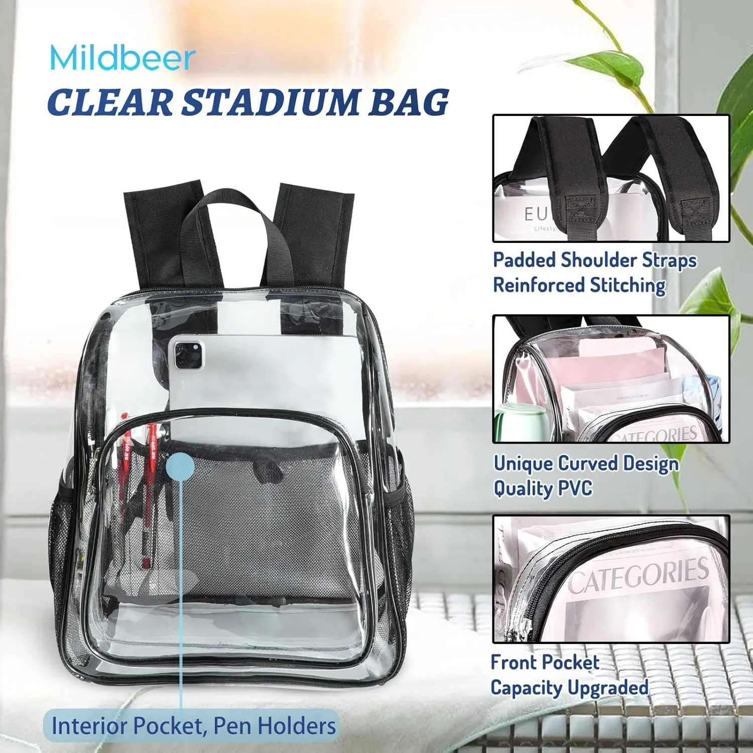 Mildbeer Small Clear Backpack, Stadium Approved 12x12x6 Clear Backpack for Women with 2 Bottle Holders for Festival Concert Travel Sport Games Venues