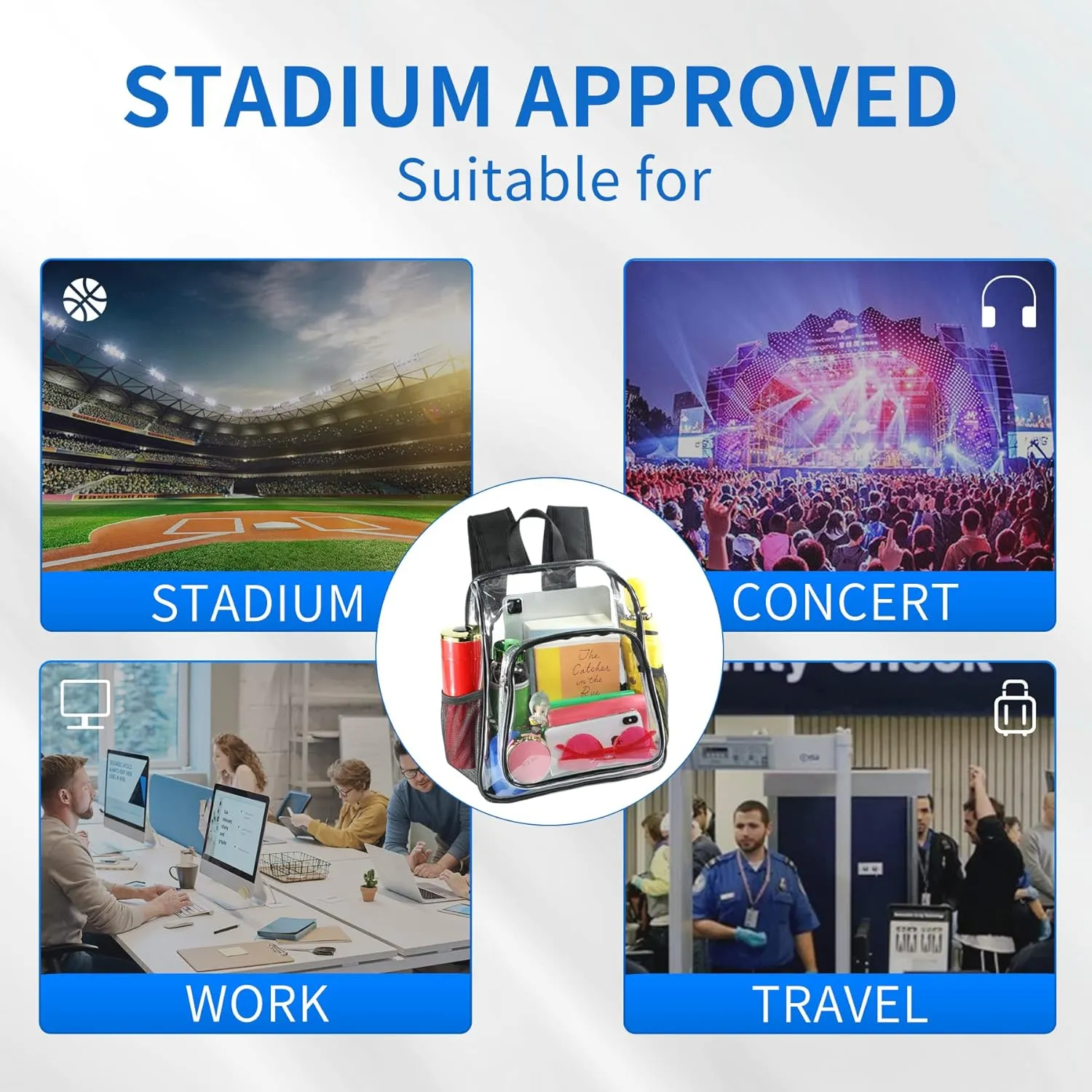 Mildbeer Small Clear Backpack, Stadium Approved 12x12x6 Clear Backpack for Women with 2 Bottle Holders for Festival Concert Travel Sport Games Venues