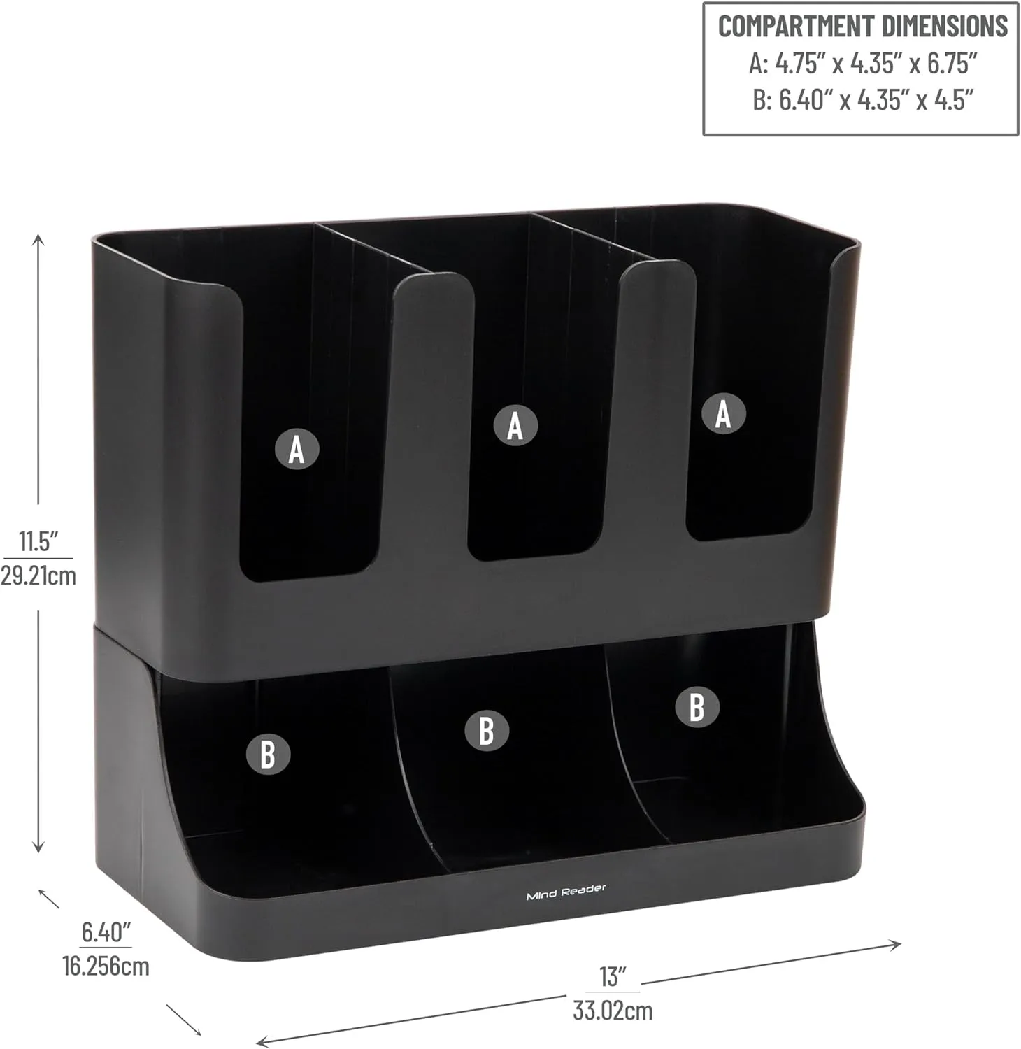 Mind Reader 6 Compartment Upright Breakroom Coffee Condiment and Cup Storage Organizer, Black