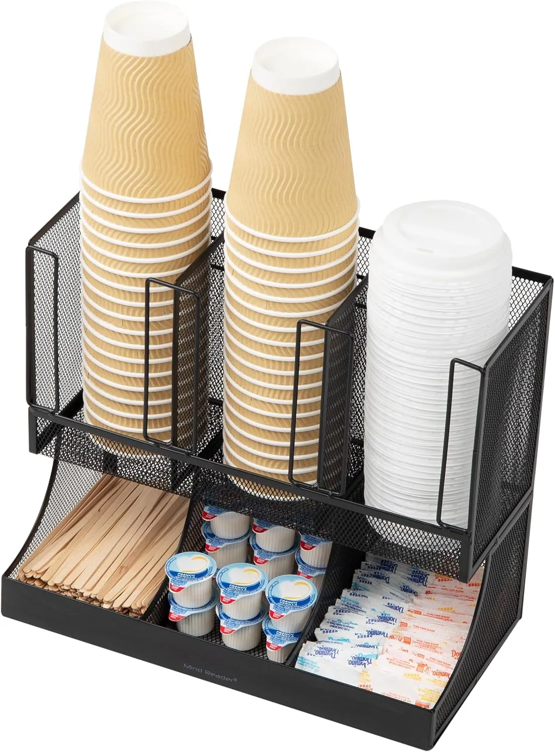 Mind Reader Cup and Condiment Station, Countertop Organizer, Coffee Bar, Kitchen, Metal Mesh, 13"L x 6.45"W x 11.25"H, Black