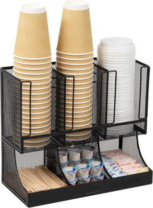 Mind Reader Cup and Condiment Station, Countertop Organizer, Coffee Bar, Kitchen, Metal Mesh, 13"L x 6.45"W x 11.25"H, Black