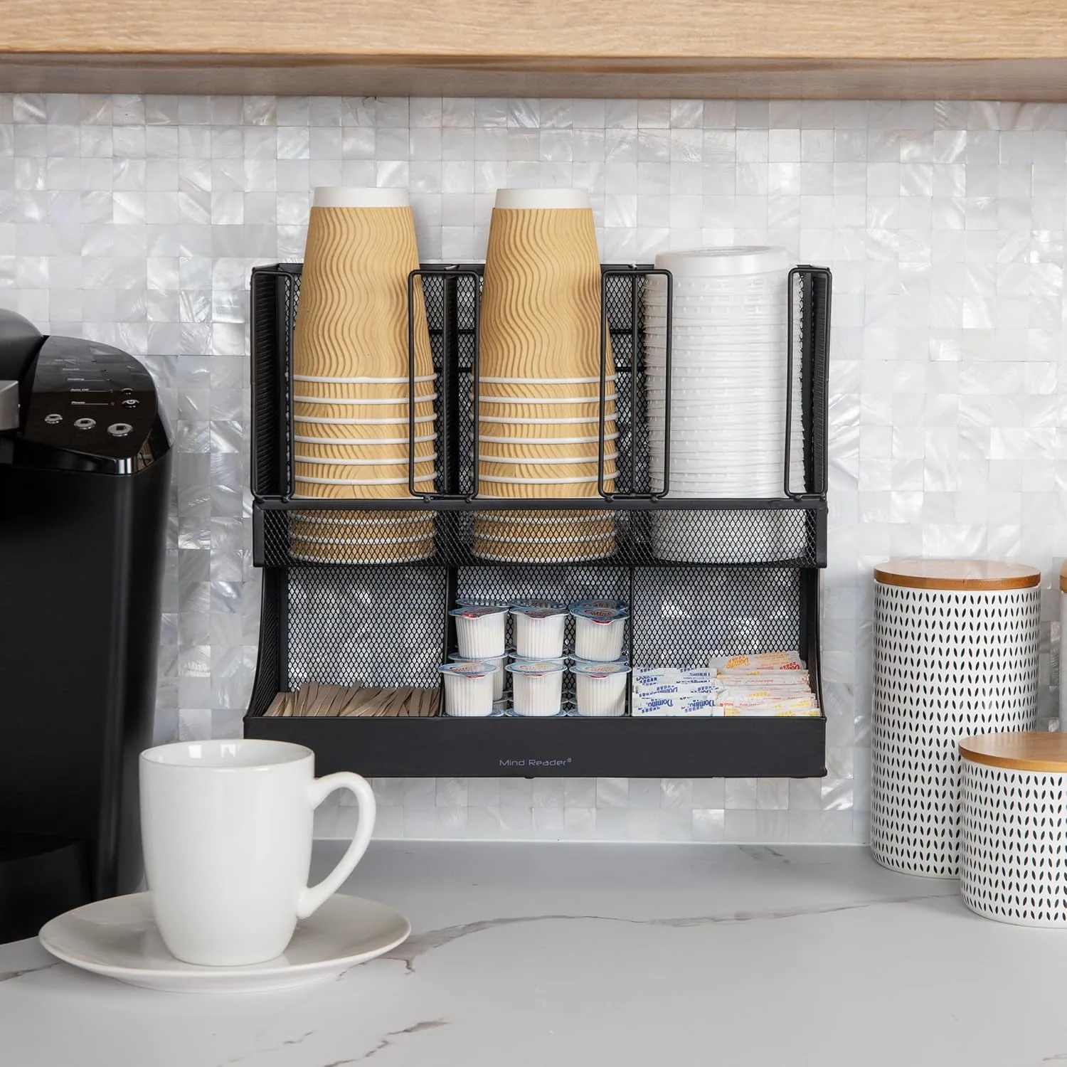 Mind Reader Cup and Condiment Station, Countertop Organizer, Coffee Bar, Kitchen, Metal Mesh, 13"L x 6.45"W x 11.25"H, Black