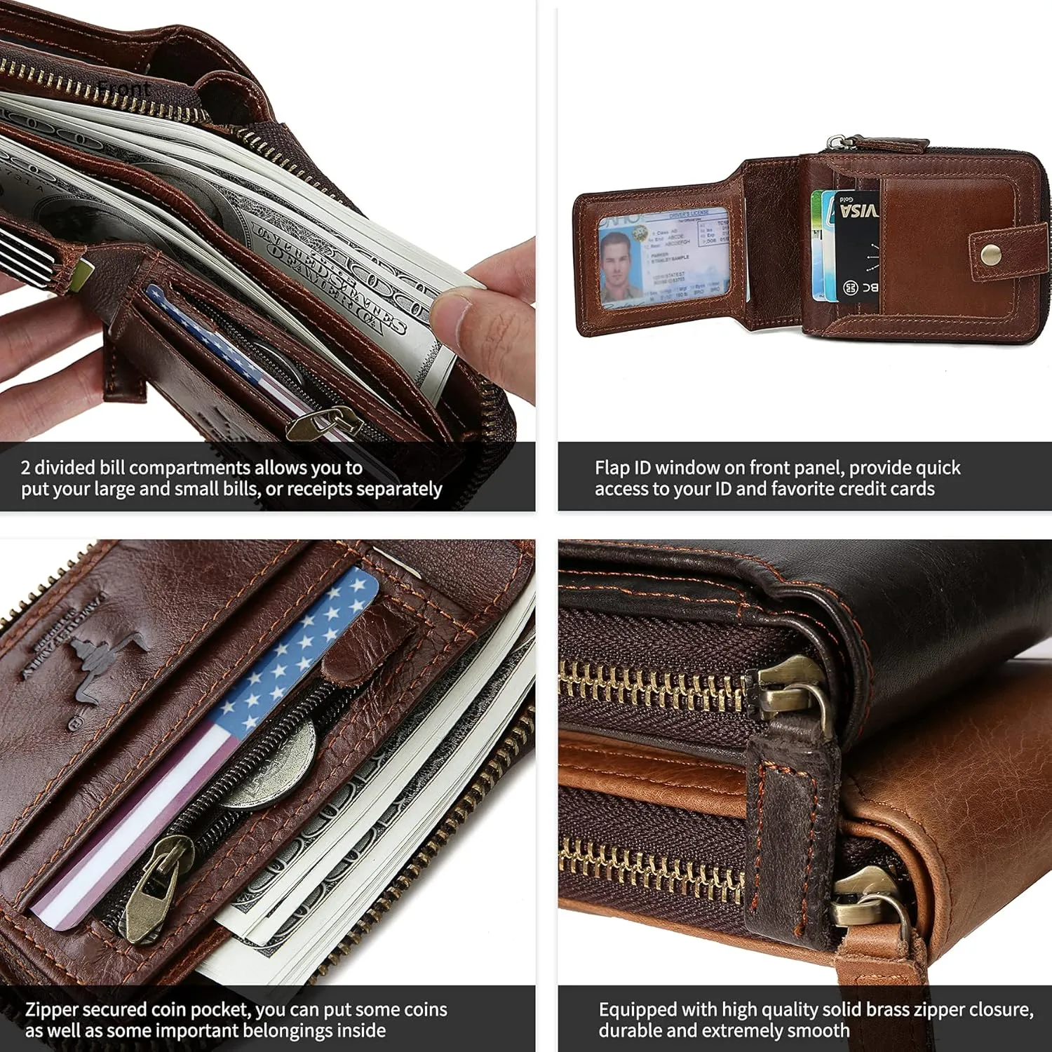MING CLAN Zipper Wallet Men RFID Blocking Leather Bifold Wallets For Men - Flap ID Window Zip Coin Pocket Mens Zipper Wallets - Big Capacity Credit Card Travel Wallet (Brown)