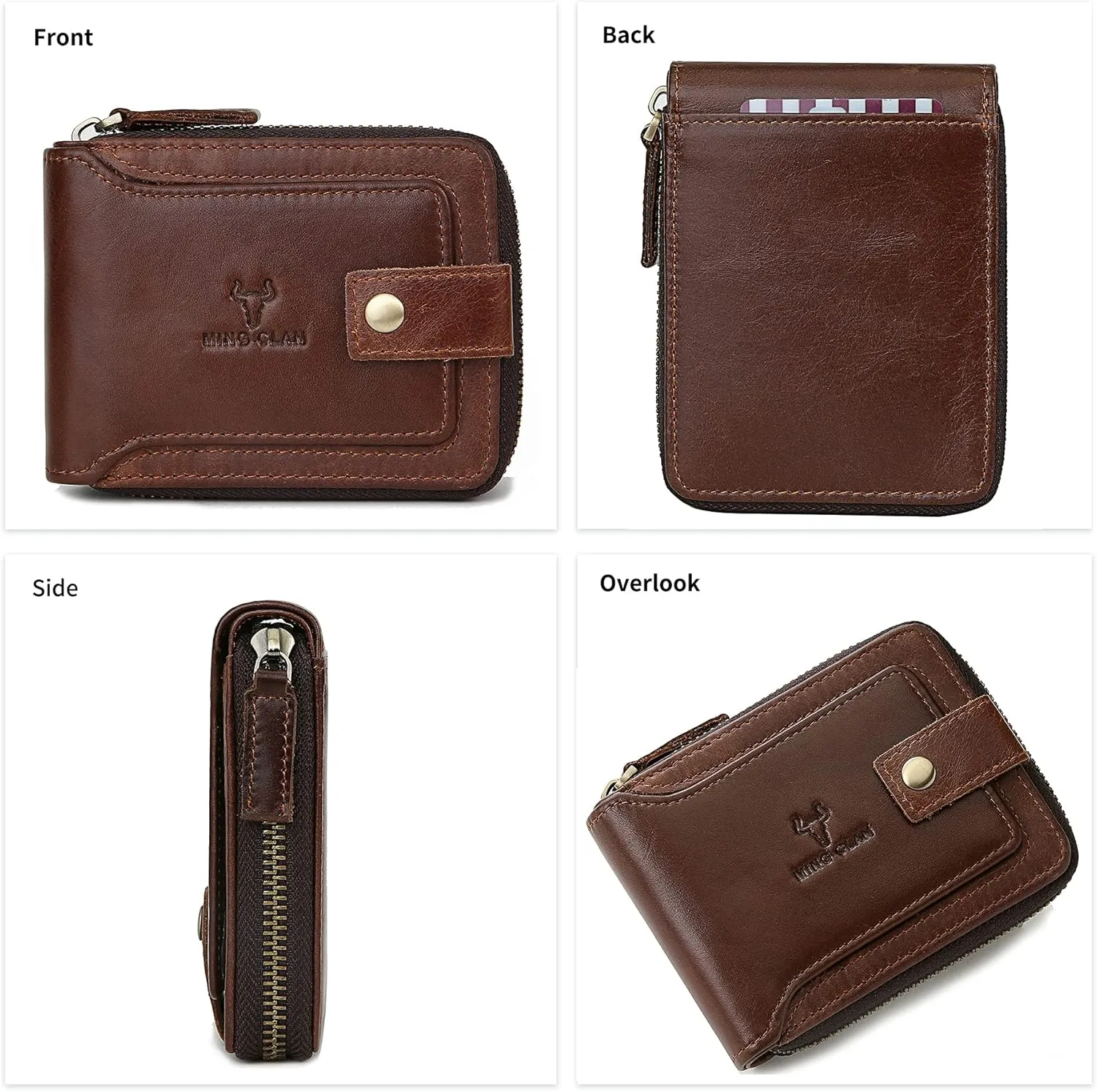 MING CLAN Zipper Wallet Men RFID Blocking Leather Bifold Wallets For Men - Flap ID Window Zip Coin Pocket Mens Zipper Wallets - Big Capacity Credit Card Travel Wallet (Brown)