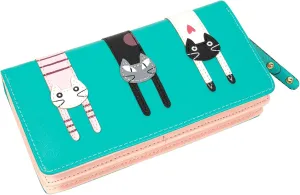 Mini Faux Leather Bifold Cute 3 Cat Zipper Clutch Wallet Handbag for Women Girls